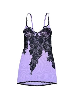 Vintage Purple Violet Mesh Teddy Lingerie Slip Dress With Black Lace Detail